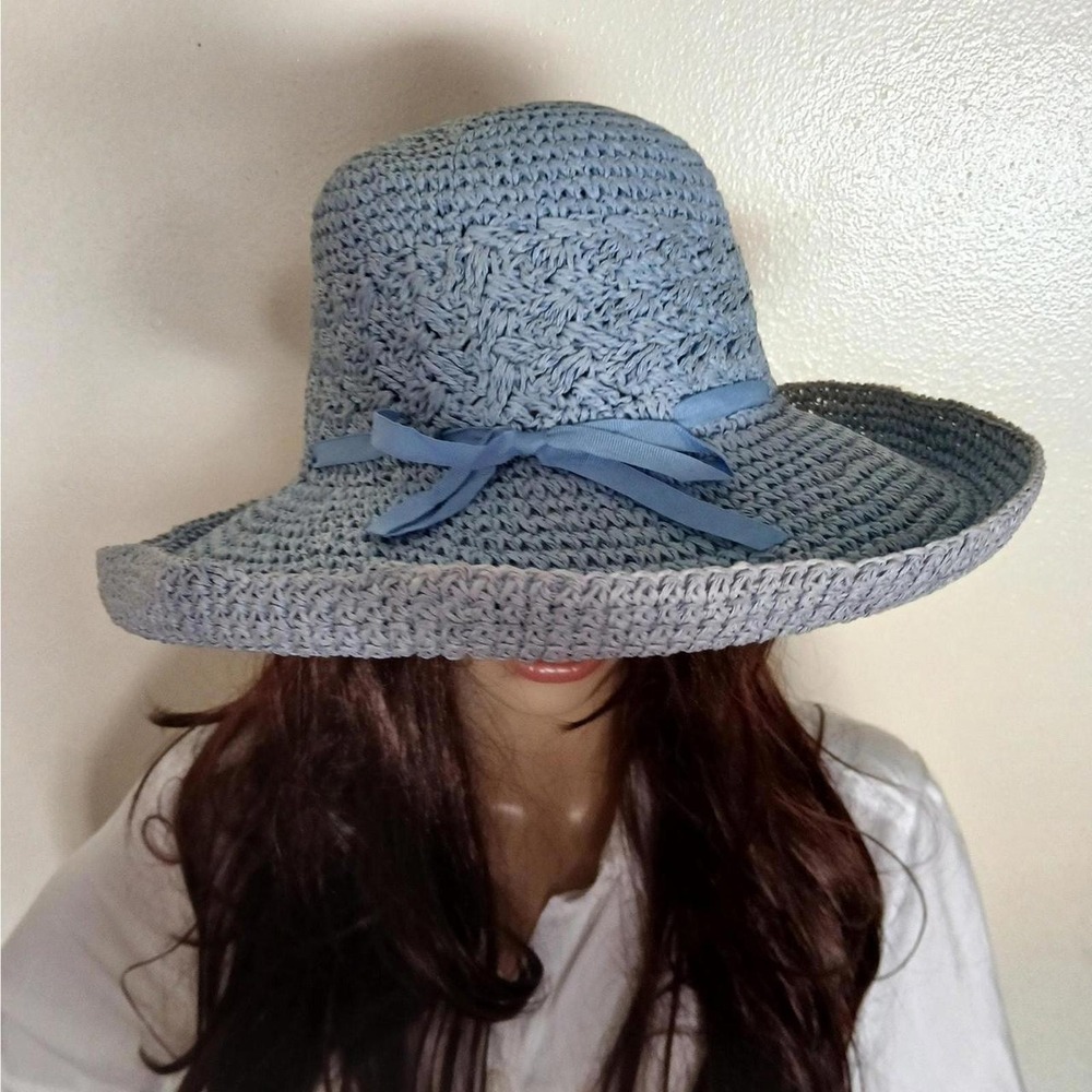 Light Blue Woven Wide Brim Sun Bucket Hat Straw Style
